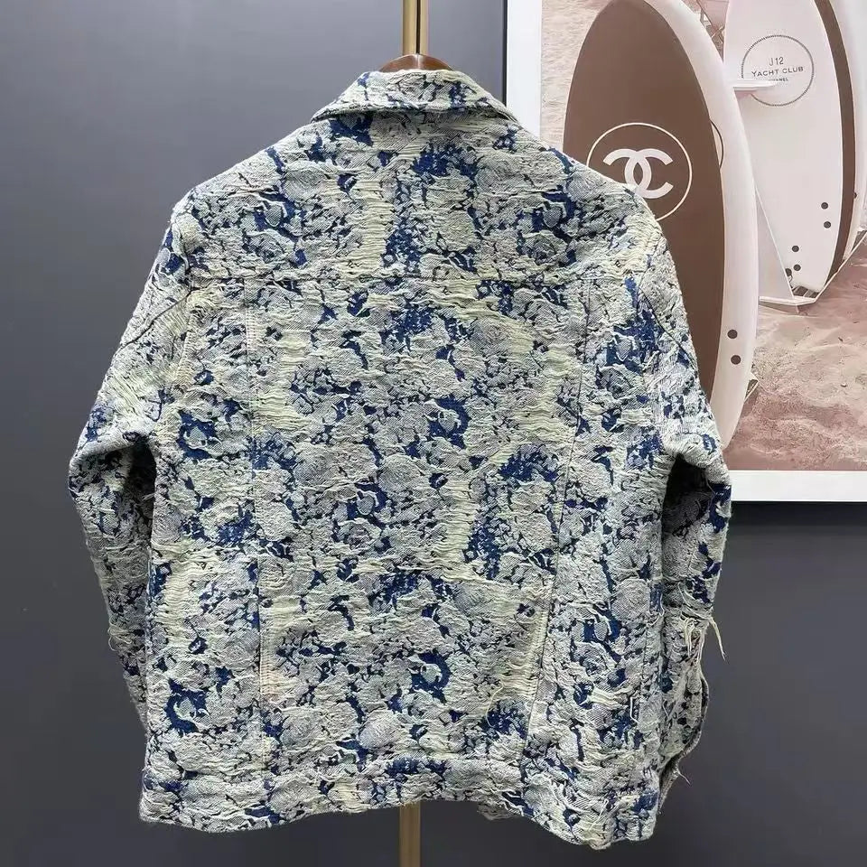 Spring new floral jacquard top ripped denim wash jacket for men and women couples loose fringe dark print jacket