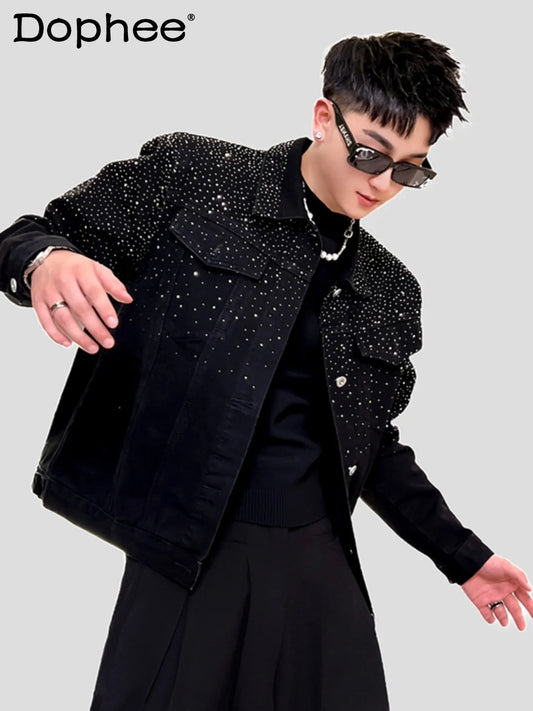 2025 American Style High-End Heavy-Duty Rhinestone Denim Jacket Light Luxury Fashion Trend Top Jacket Men's Clothing