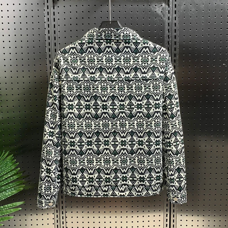 Autumn Print Casual Work Jacket For Men Slim Denim Coat With Colorful Collar