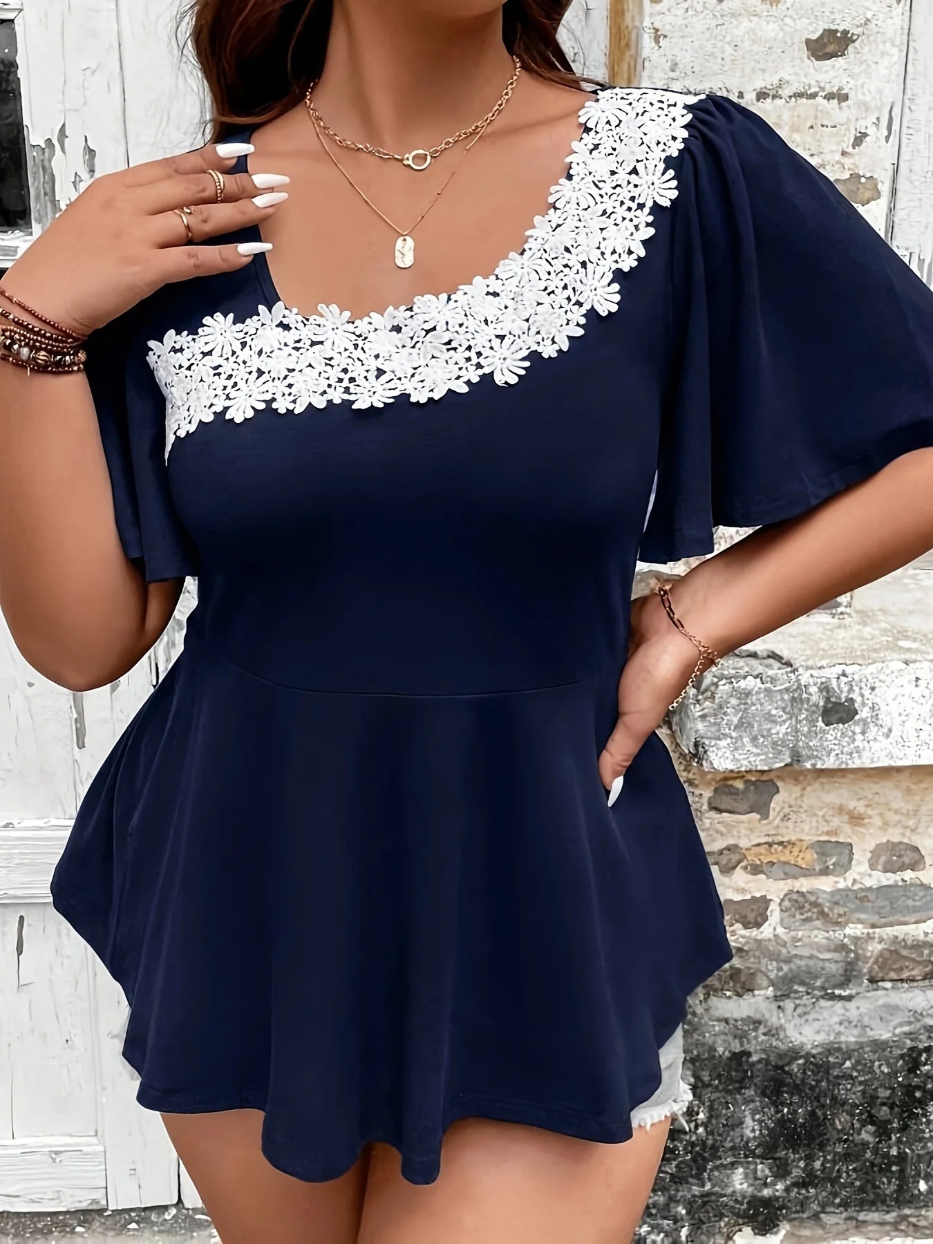 Plus Size Summer European and American Style Shirt for Women Casual Cute Solid Ruffle Neck Curve Clothing Tops