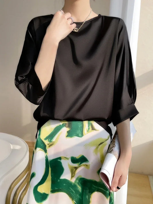 Summer Tee Tops Women Crew Neck Artificial Silk Satin Blouses Thin Smooth Half Sleeve T-shirt Batwing Silky Basic Y2k Tshirts