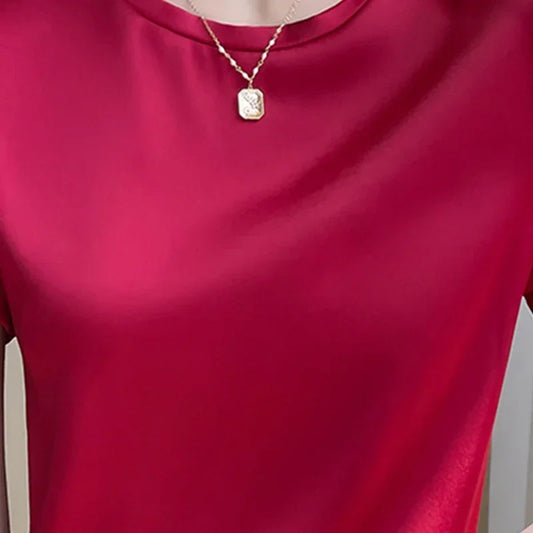 Summer Tee Tops Women Crew Neck Artificial Silk Satin Blouses Thin Smooth Half Sleeve T-shirt Batwing Silky Basic Y2k Tshirts