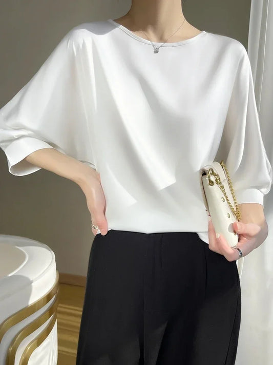 Summer Tee Tops Women Crew Neck Artificial Silk Satin Blouses Thin Smooth Half Sleeve T-shirt Batwing Silky Basic Y2k Tshirts