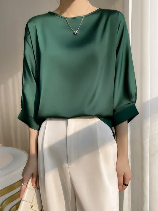 Summer Tee Tops Women Crew Neck Artificial Silk Satin Blouses Thin Smooth Half Sleeve T-shirt Batwing Silky Basic Y2k Tshirts