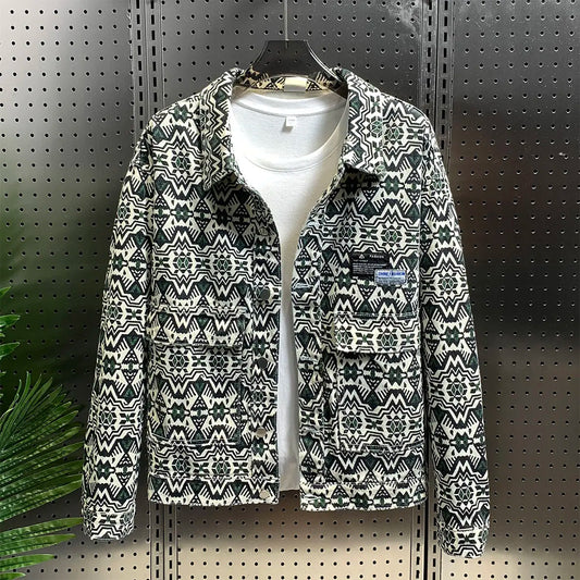 Autumn Print Casual Work Jacket For Men Slim Denim Coat With Colorful Collar