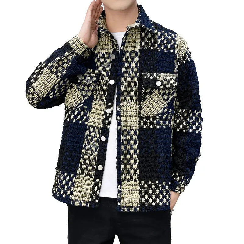 New Men's Thick Checkered Shirt Jacket for Spring 2025, Casual and Fashionable Street Wear, Single Breasted Slim Fit Shirt