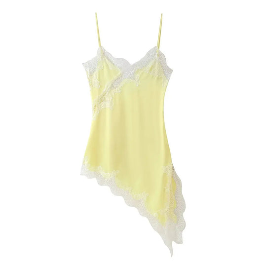 TRAFZA Sexy Women's Solid Lace Dress Sleeveless Backless Asymmetric Sling Dresses Female 2025 Summer Party Woman Evening Dress
