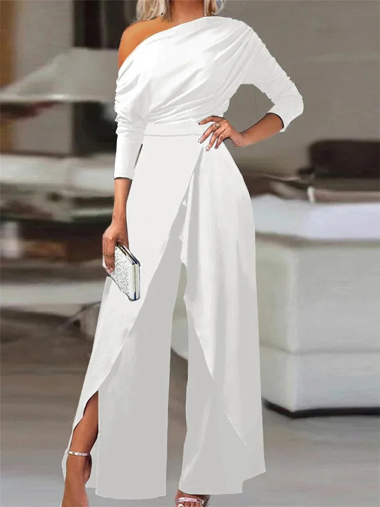 Elegant Jumpsuits for Women 2025 Spring New Plain Elegant Office Lady Loose Ruched Cold Shoulder Split Hem Wide Leg Jumpsuit
