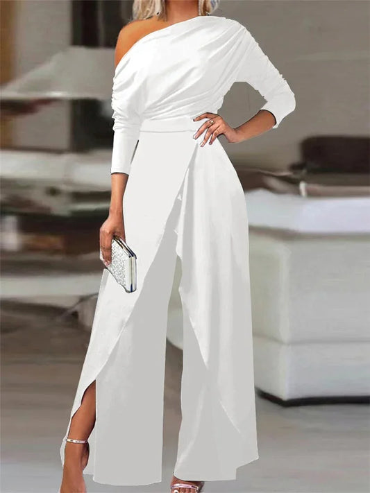 Elegant Jumpsuits for Women 2025 Spring New Plain Elegant Office Lady Loose Ruched Cold Shoulder Split Hem Wide Leg Jumpsuit