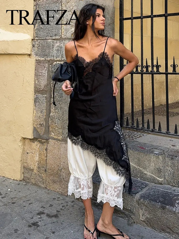 TRAFZA Sexy Women's Solid Lace Dress Sleeveless Backless Asymmetric Sling Dresses Female 2025 Summer Party Woman Evening Dress
