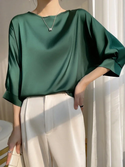 Summer Tee Tops Women Crew Neck Artificial Silk Satin Blouses Thin Smooth Half Sleeve T-shirt Batwing Silky Basic Y2k Tshirts