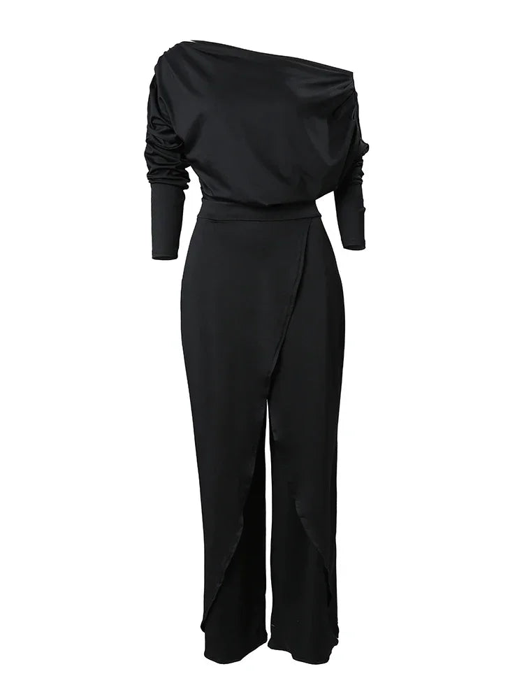 Elegant Jumpsuits for Women 2025 Spring New Plain Elegant Office Lady Loose Ruched Cold Shoulder Split Hem Wide Leg Jumpsuit