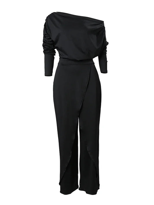 Elegant Jumpsuits for Women 2025 Spring New Plain Elegant Office Lady Loose Ruched Cold Shoulder Split Hem Wide Leg Jumpsuit