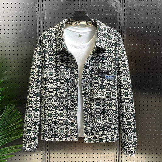 Autumn Print Casual Work Jacket For Men Slim Denim Coat With Colorful Collar