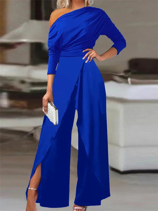 Elegant Jumpsuits for Women 2025 Spring New Plain Elegant Office Lady Loose Ruched Cold Shoulder Split Hem Wide Leg Jumpsuit