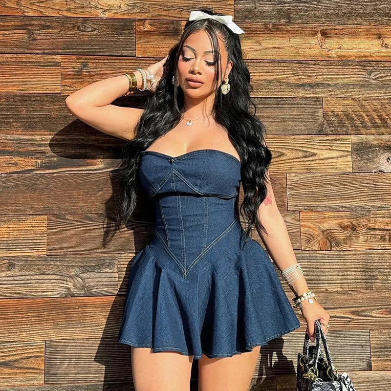 Summer 2024 New Temperament Wrap Hip A Skirt European And American Style Sexy Bra Imitation Denim Dress For Women