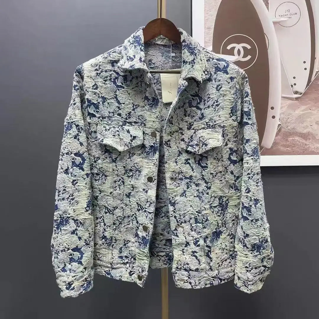 Spring new floral jacquard top ripped denim wash jacket for men and women couples loose fringe dark print jacket