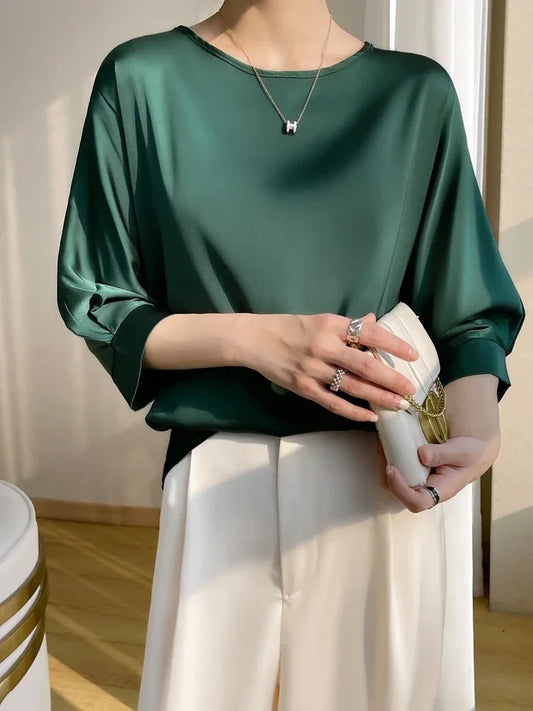 Summer Tee Tops Women Crew Neck Artificial Silk Satin Blouses Thin Smooth Half Sleeve T-shirt Batwing Silky Basic Y2k Tshirts