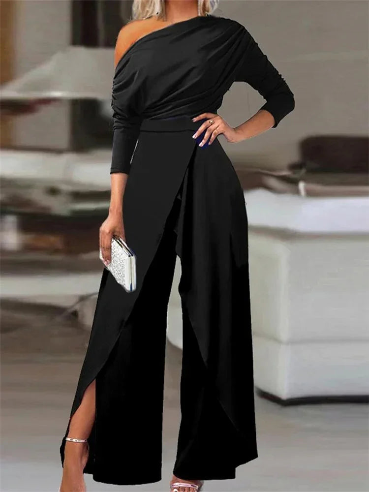 Elegant Jumpsuits for Women 2025 Spring New Plain Elegant Office Lady Loose Ruched Cold Shoulder Split Hem Wide Leg Jumpsuit