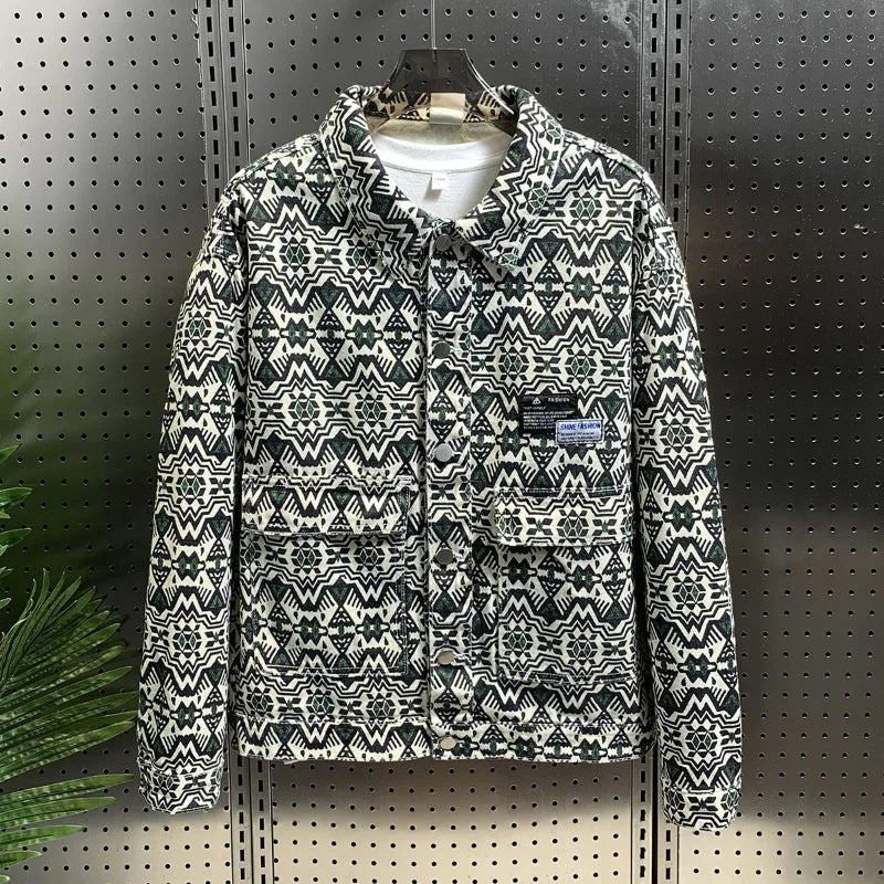 Autumn Print Casual Work Jacket For Men Slim Denim Coat With Colorful Collar