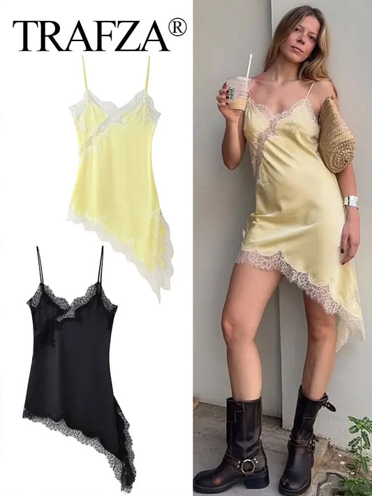 TRAFZA Sexy Women's Solid Lace Dress Sleeveless Backless Asymmetric Sling Dresses Female 2025 Summer Party Woman Evening Dress