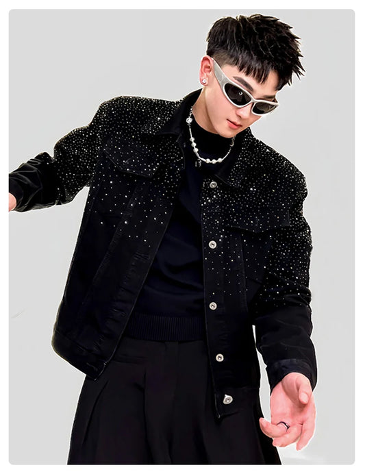 2025 American Style High-End Heavy-Duty Rhinestone Denim Jacket Light Luxury Fashion Trend Top Jacket Men's Clothing