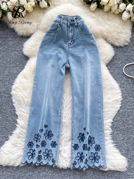 SINGREINY American Retro Denim Pants Female Zipper Buttons Design Wide Legs Trousers 2025 Fashion Embroidery Flower Solid Jeans