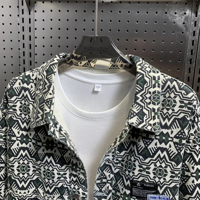 Autumn Print Casual Work Jacket For Men Slim Denim Coat With Colorful Collar