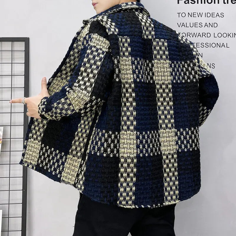 New Men's Thick Checkered Shirt Jacket for Spring 2025, Casual and Fashionable Street Wear, Single Breasted Slim Fit Shirt