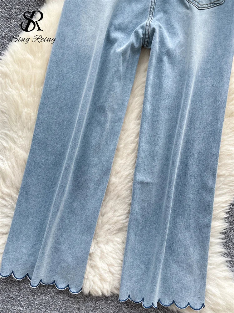 SINGREINY American Retro Denim Pants Female Zipper Buttons Design Wide Legs Trousers 2025 Fashion Embroidery Flower Solid Jeans