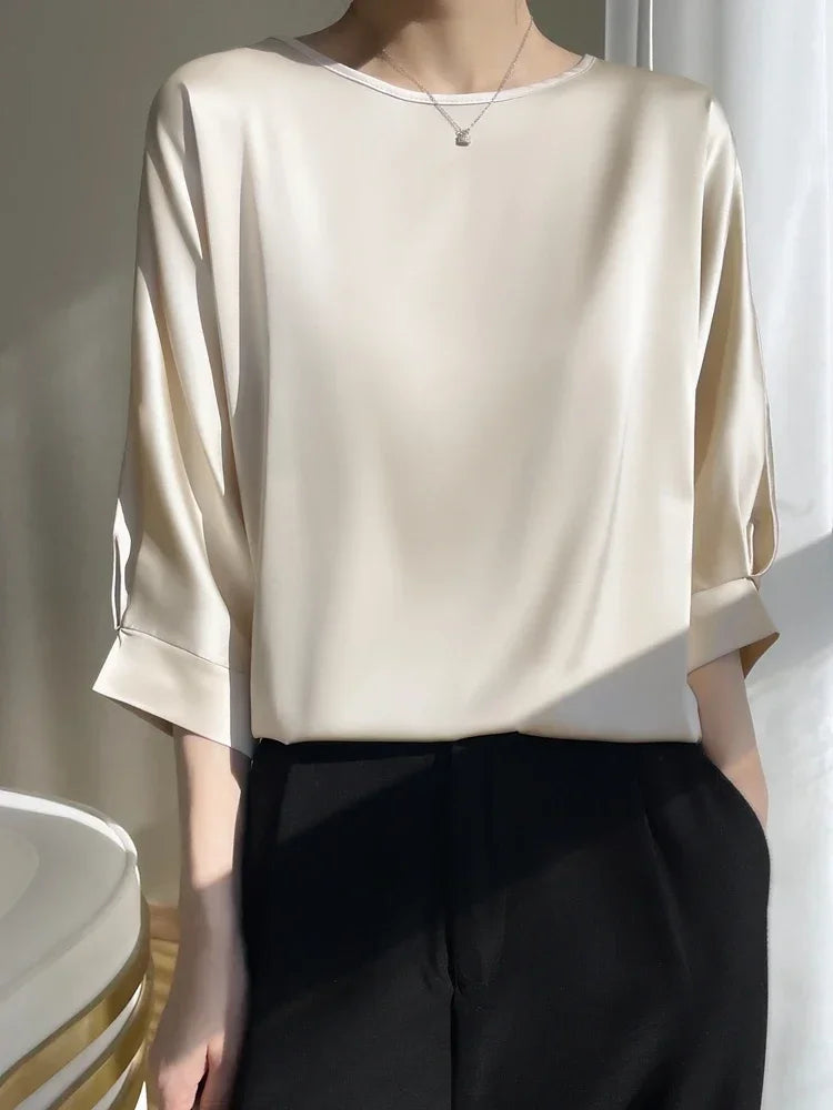 Summer Tee Tops Women Crew Neck Artificial Silk Satin Blouses Thin Smooth Half Sleeve T-shirt Batwing Silky Basic Y2k Tshirts