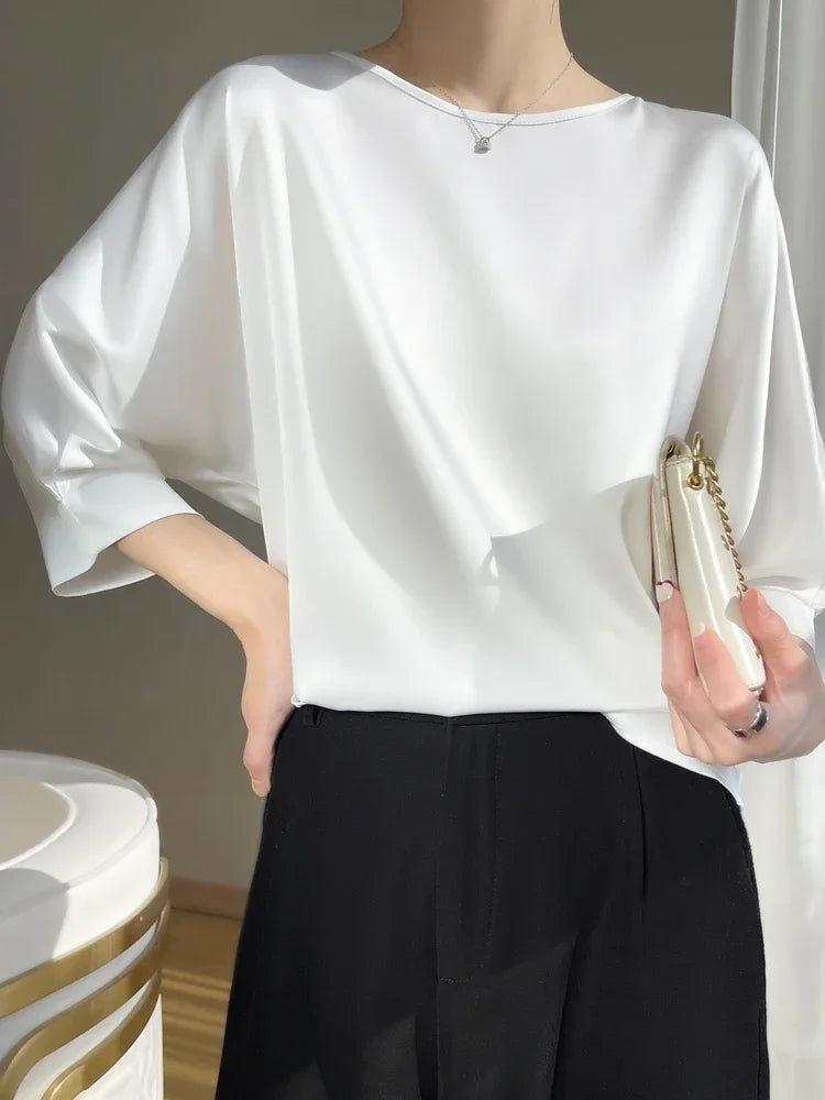 Summer Tee Tops Women Crew Neck Artificial Silk Satin Blouses Thin Smooth Half Sleeve T-shirt Batwing Silky Basic Y2k Tshirts