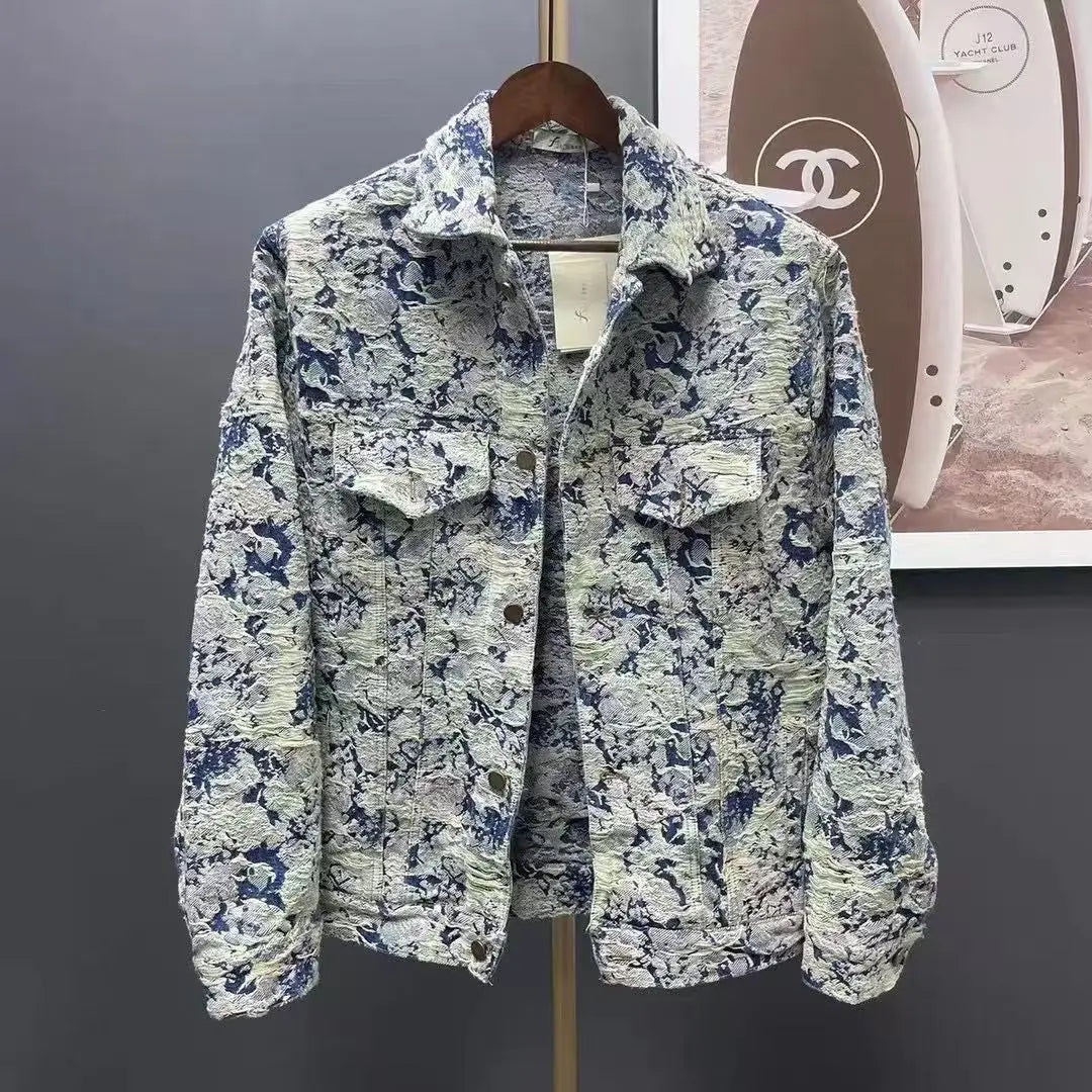Spring new floral jacquard top ripped denim wash jacket for men and women couples loose fringe dark print jacket