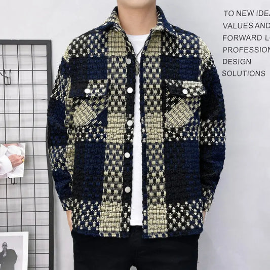 New Men's Thick Checkered Shirt Jacket for Spring 2025, Casual and Fashionable Street Wear, Single Breasted Slim Fit Shirt