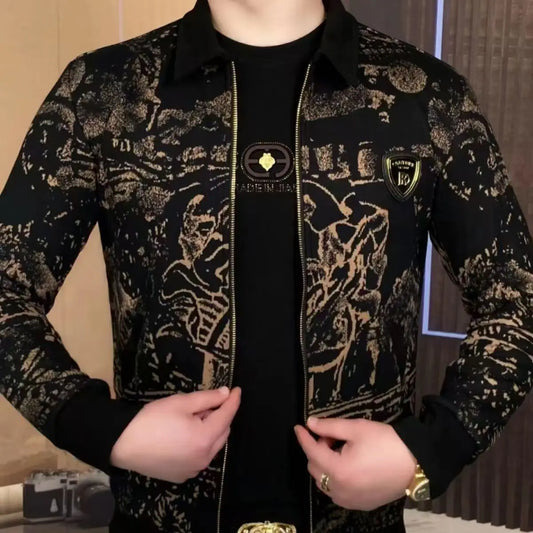 Men's Autumn/Winter Printed Jacket Men's Fashion New Style Personalized Handsome Collar Trendy Casual Versatile Coat