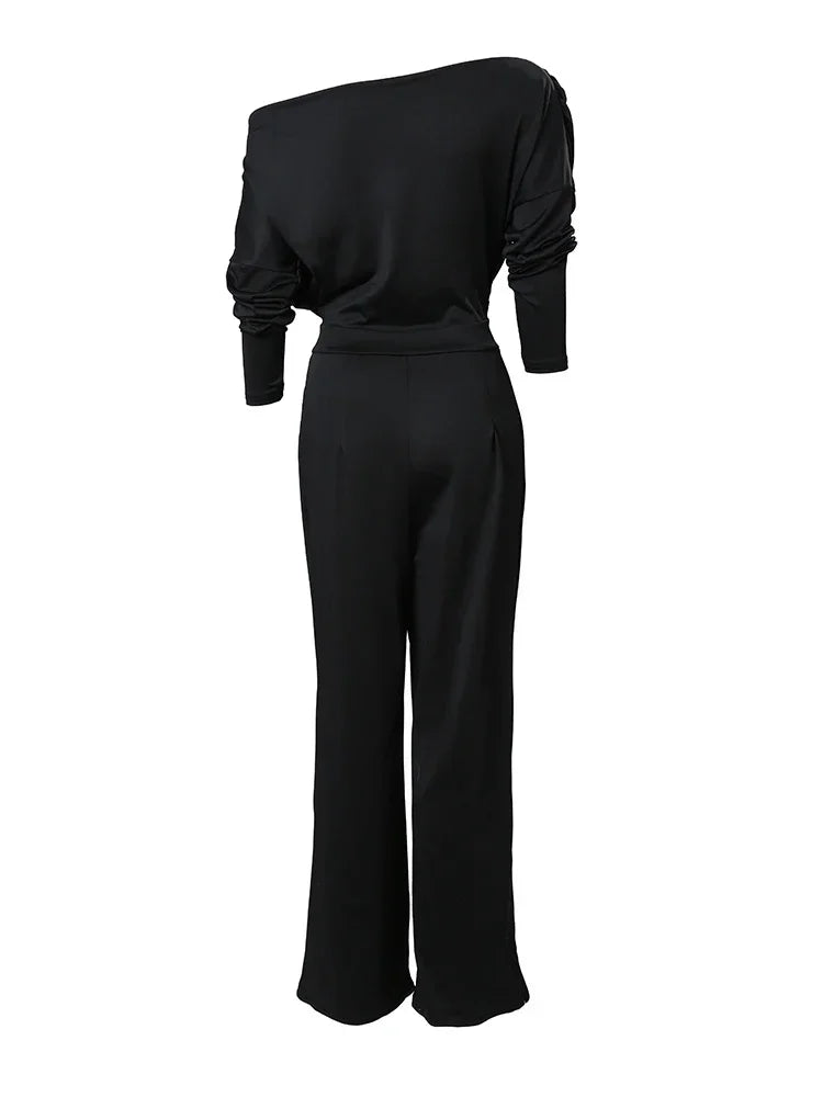 Elegant Jumpsuits for Women 2025 Spring New Plain Elegant Office Lady Loose Ruched Cold Shoulder Split Hem Wide Leg Jumpsuit