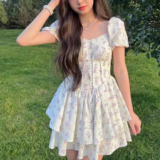 Dress Women Fashion Folds Friends Flare Sleeve Daily Slash Neck Simple Solid High Waist Elegant Korean Version Vintage Basic New