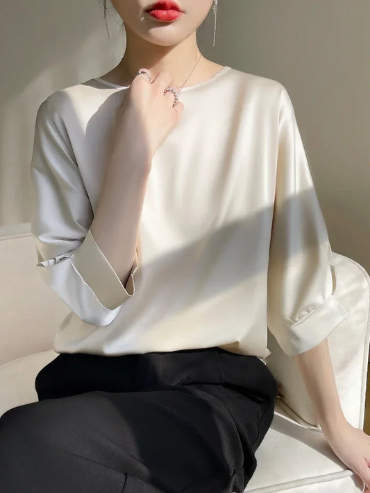 Summer Tee Tops Women Crew Neck Artificial Silk Satin Blouses Thin Smooth Half Sleeve T-shirt Batwing Silky Basic Y2k Tshirts