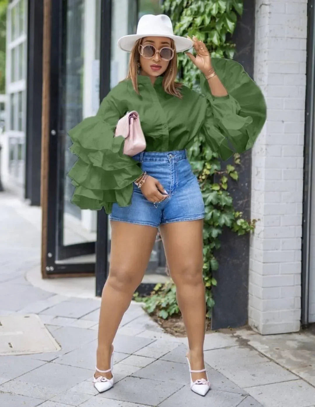 CM.YAYA Women Shirts Solid Full Ruffles Sleeve Turn-down Collar Single Breasted Loose Shirts Office Lady Streetwear Summer Tops