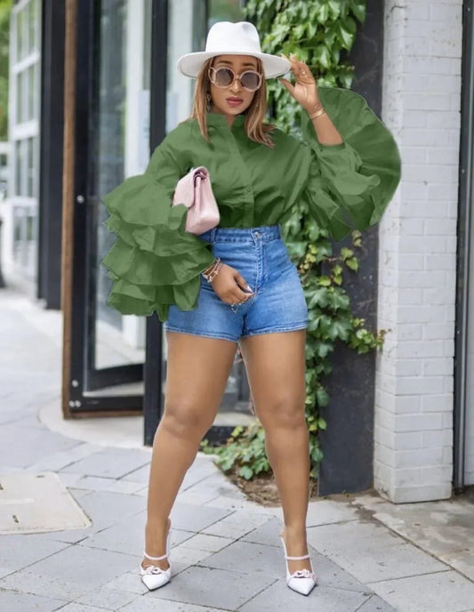 CM.YAYA Women Shirts Solid Full Ruffles Sleeve Turn-down Collar Single Breasted Loose Shirts Office Lady Streetwear Summer Tops