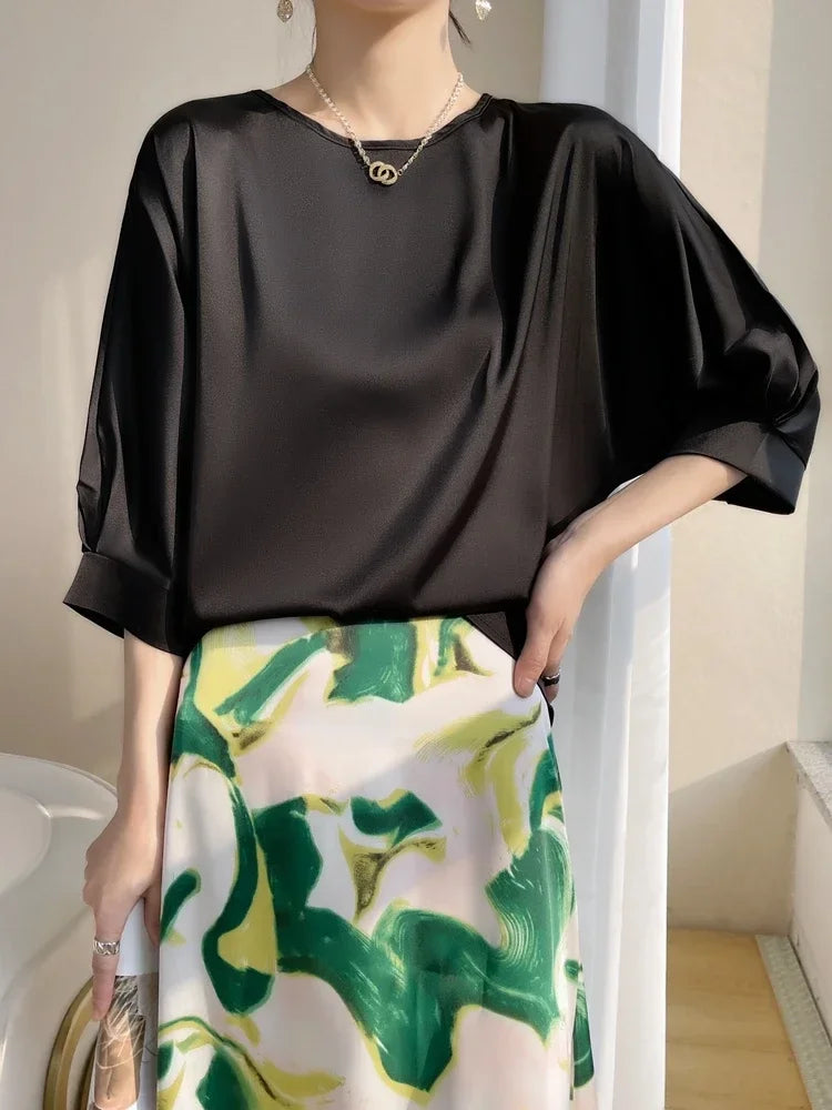 Summer Tee Tops Women Crew Neck Artificial Silk Satin Blouses Thin Smooth Half Sleeve T-shirt Batwing Silky Basic Y2k Tshirts