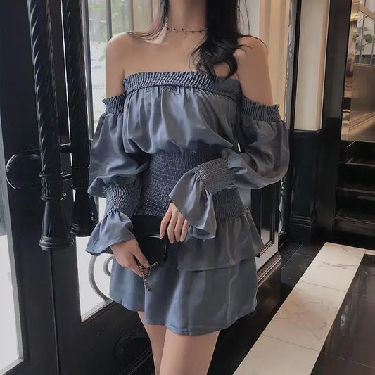 Dress Women Fashion Folds Friends Flare Sleeve Daily Slash Neck Simple Solid High Waist Elegant Korean Version Vintage Basic New